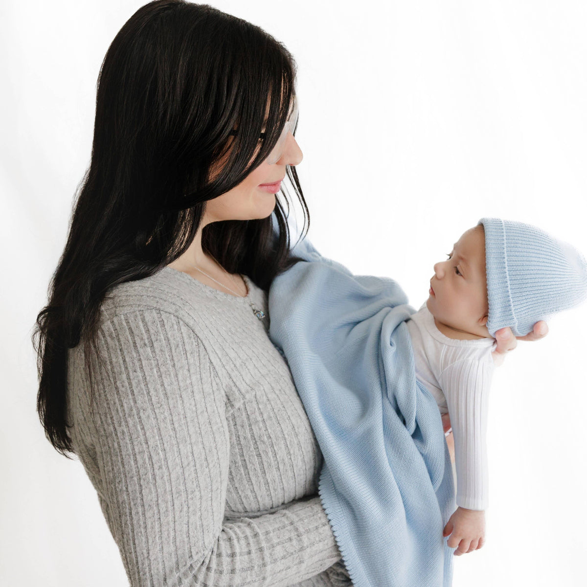 Organic Cotton Knit Blanket + Hat Gift Set - Sky Blue