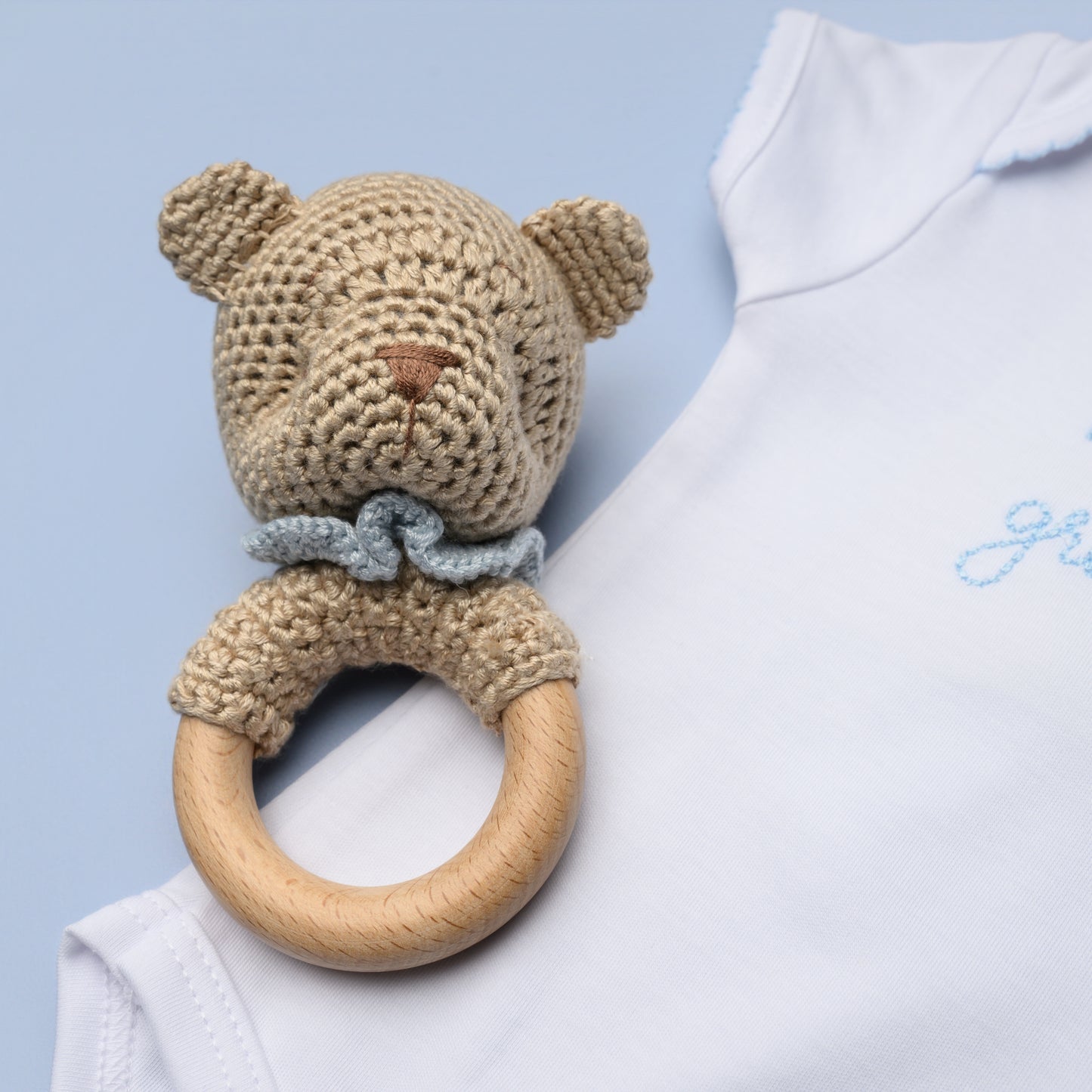 Bear Bamboo Crochet Woodring Rattle - Blue