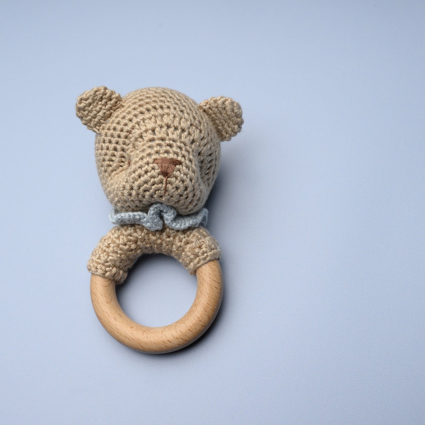 Bear Bamboo Crochet Woodring Rattle - Blue