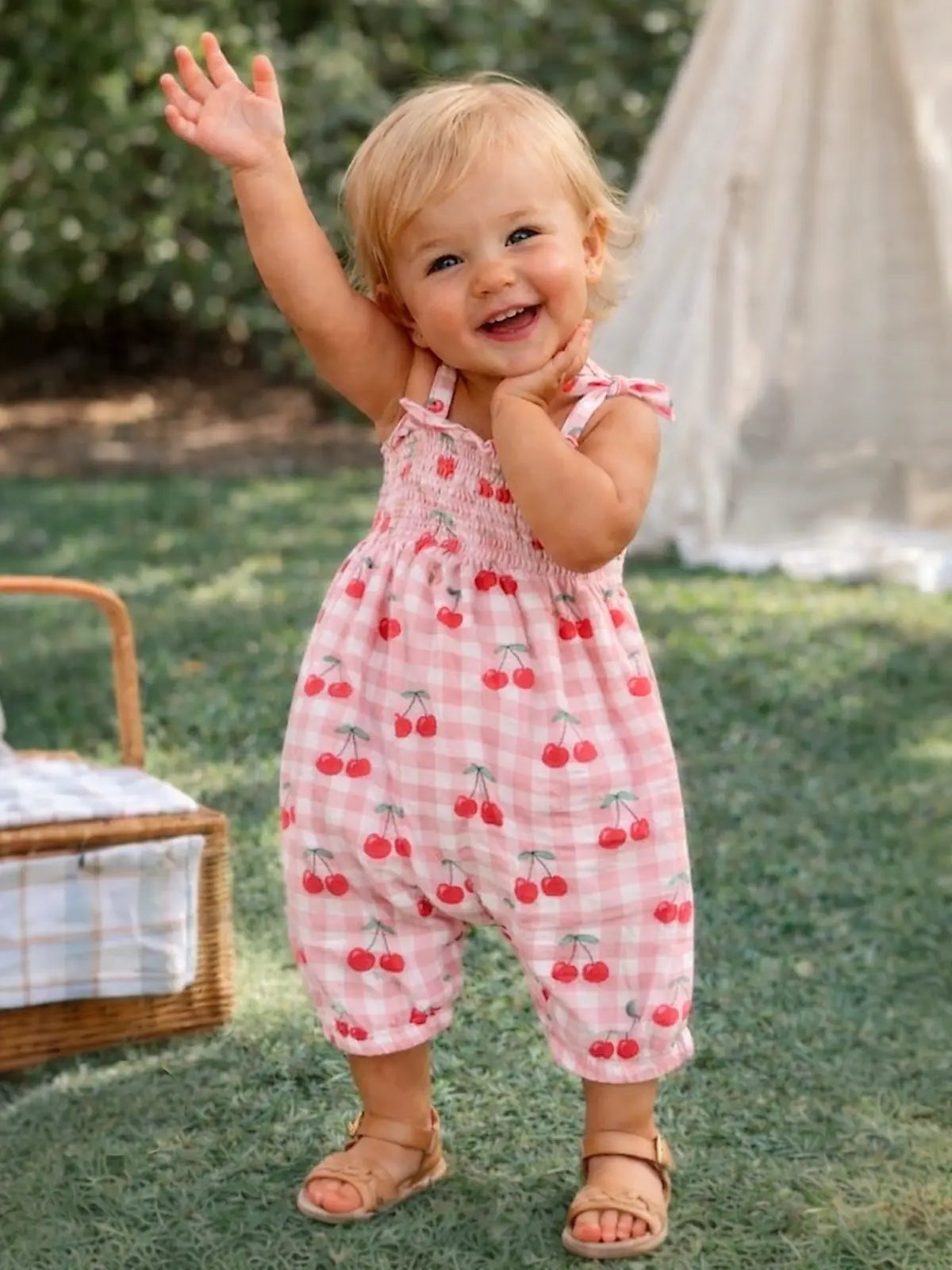 Muslin Smocked Playsuit - Ginger Cherries