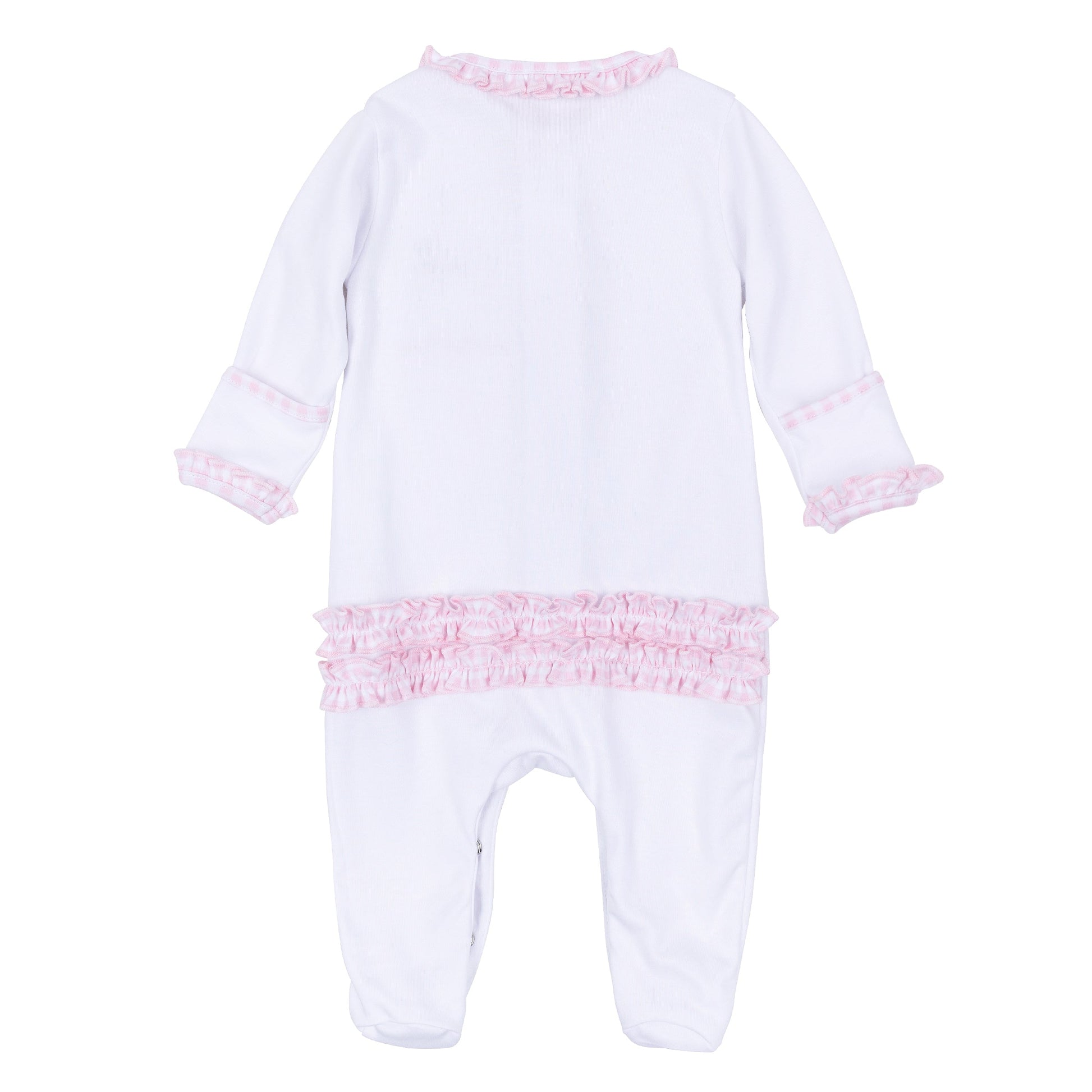 Sweet St Nick Applique Baby's First Christmas Ruffle Footie - Pink - Magnolia Baby Girl