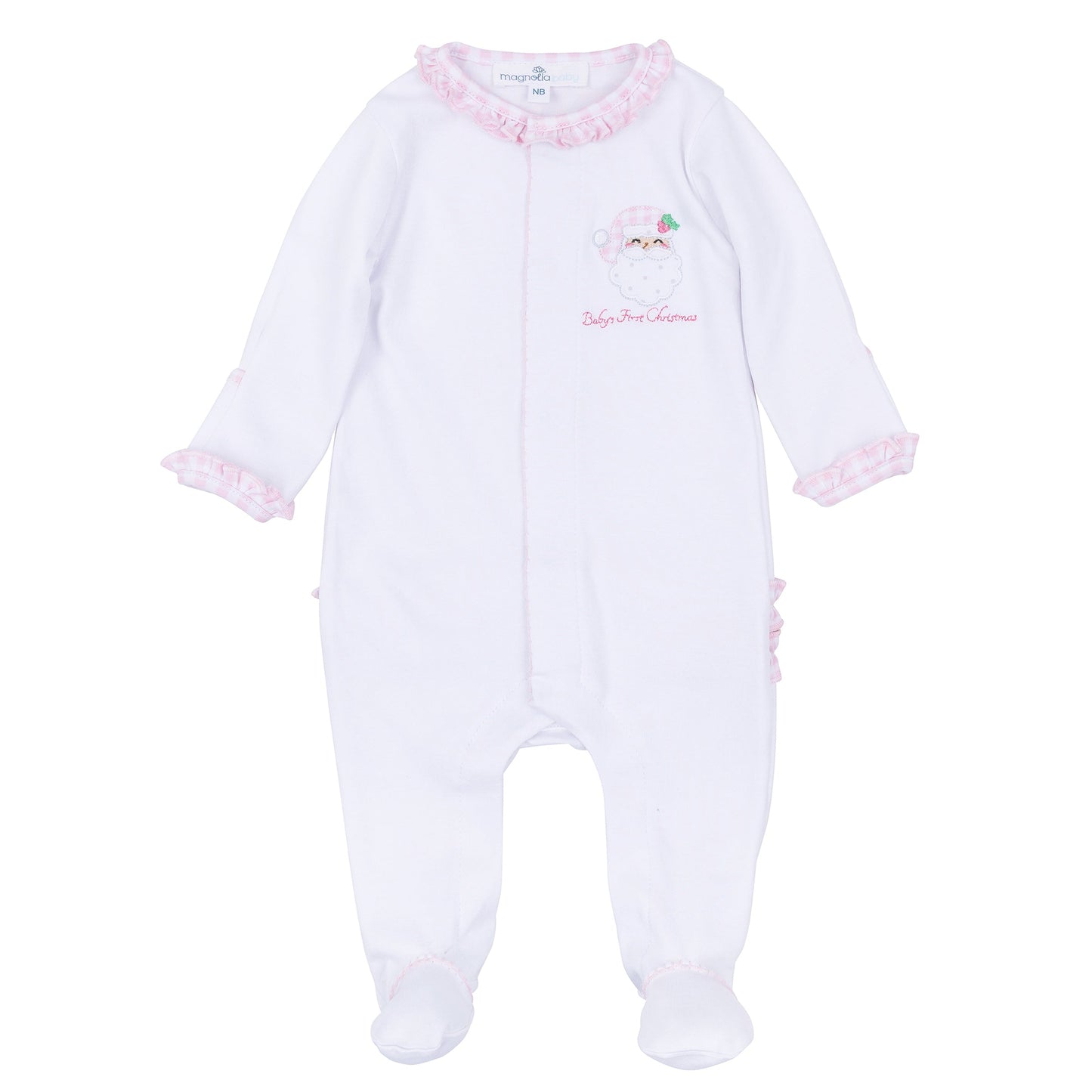 Sweet St Nick Applique Baby's First Christmas Ruffle Footie - Pink - Magnolia Baby Girl