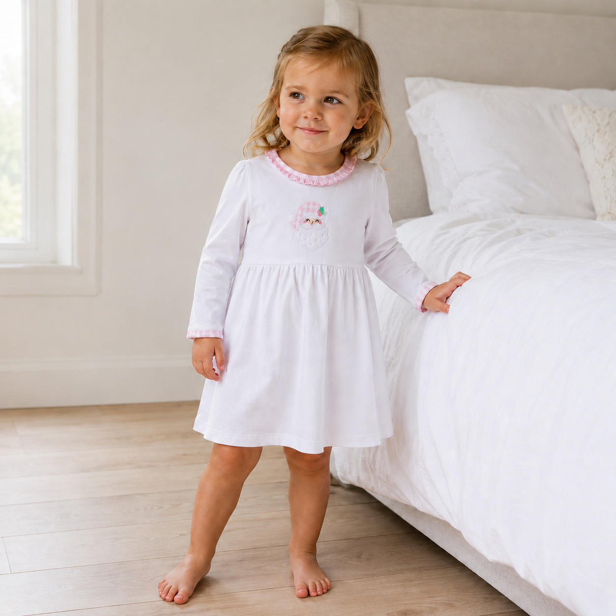 Sweet St Nick Applique Ruffle Long Sleeve Dress - Pink