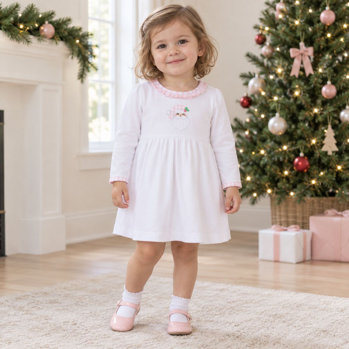 Sweet St Nick Applique Ruffle Long Sleeve Dress - Pink