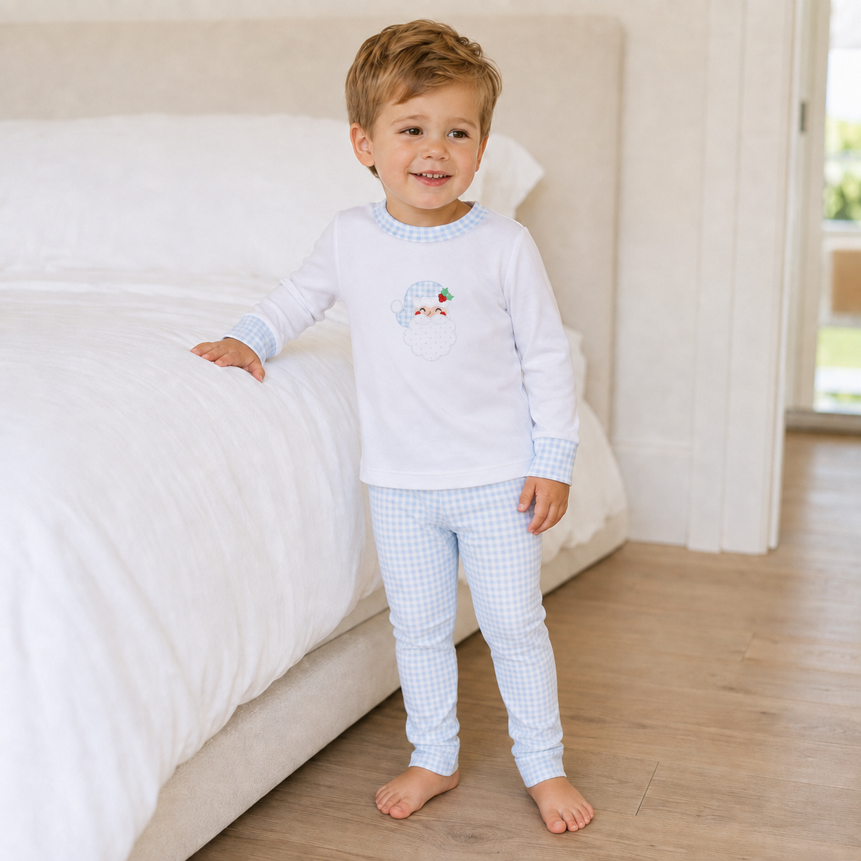 Sweet St. Nick Applique Long Pajamas - Light Blue