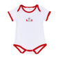 White short sleeve baby bodysuit with red trim and embroidered bulldog, foam finger, and football helmet design.