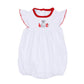 White baby girl flutter sleeve bubble with red neckline trim and embroidered dog, foam finger, and football helmet on the chest.