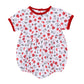 Printed baby boy short sleeve bubble with red trim and allover bulldog football print featuring helmets, jerseys, foam fingers, and pom-poms.