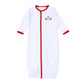 White Magnolia Baby converter gown with red trim and embroidered dog, foam finger, and football helmet on the chest.