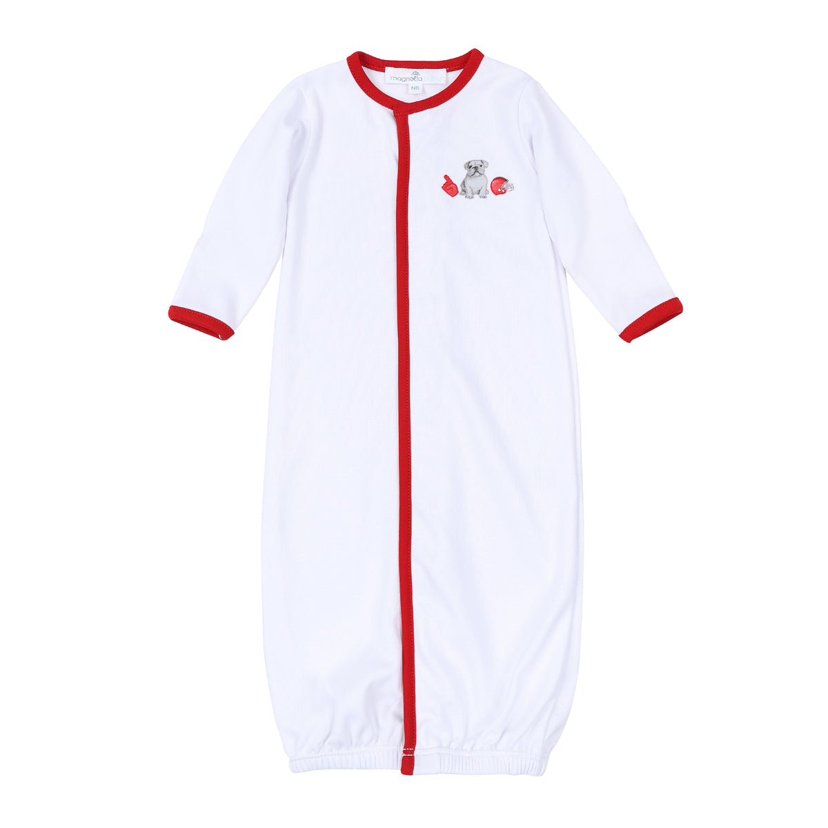 White Magnolia Baby converter gown with red trim and embroidered dog, foam finger, and football helmet on the chest.