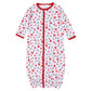 Printed baby converter gown with red trim and allover bulldog football print featuring helmets, jerseys, foam fingers, and pom-poms.