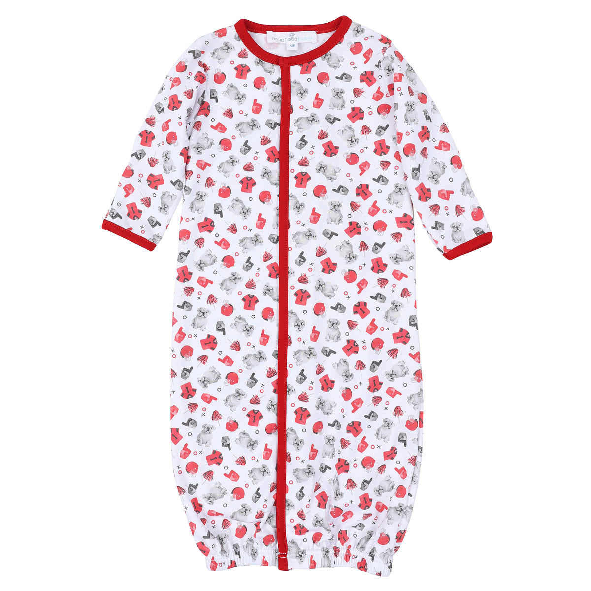 Printed baby converter gown with red trim and allover bulldog football print featuring helmets, jerseys, foam fingers, and pom-poms.