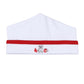 White baby boy hat with red band and embroidered dog, foam finger, and football helmet on the front.