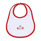 White baby bib with red trim and embroidered bulldog, foam finger, and football helmet design.