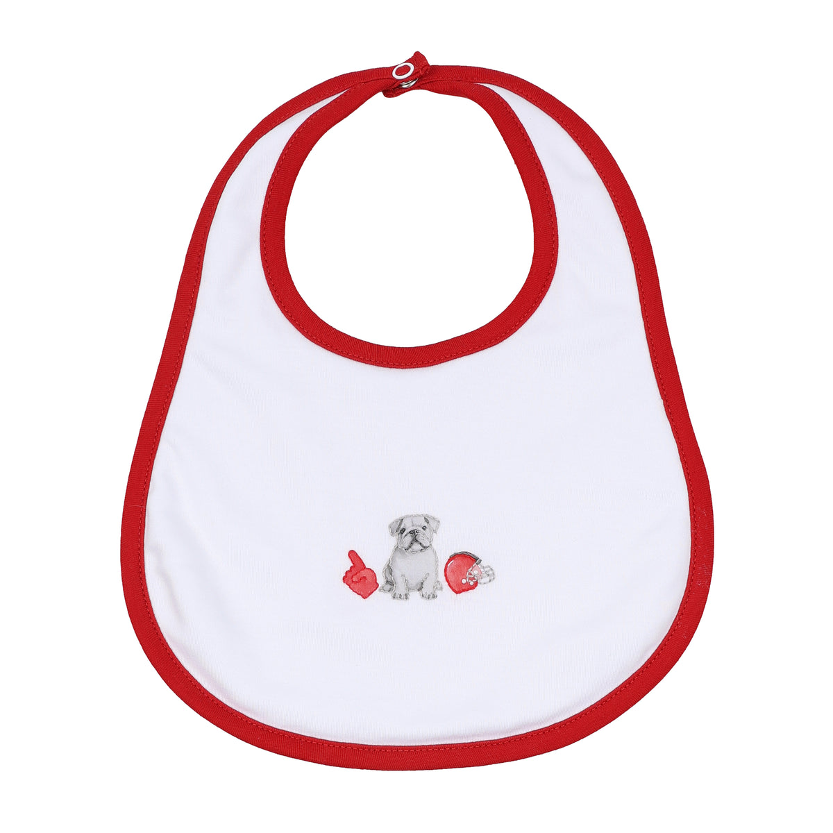 White baby bib with red trim and embroidered bulldog, foam finger, and football helmet design.