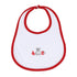 White baby bib with red trim and embroidered bulldog, foam finger, and football helmet design.
