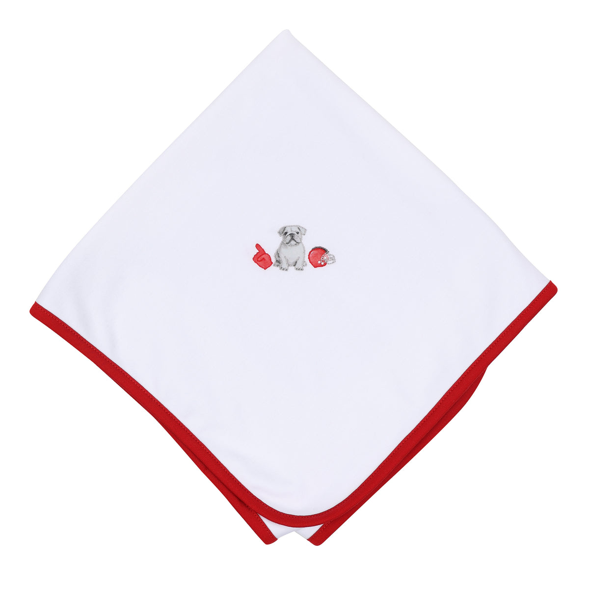 White baby blanket with red trim and embroidered dog, foam finger, and football helmet detail.