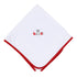 White baby blanket with red trim and embroidered dog, foam finger, and football helmet detail.