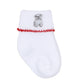 White baby sock with ribbed cuff, red stitched trim, and embroidered bulldog detail.