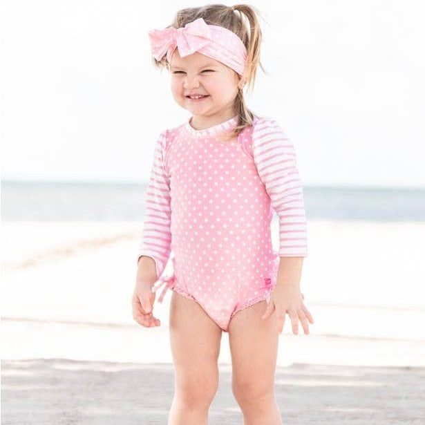 Long Sleeve One Piece Rash Guard Swimsuit - Pink Polka Dot