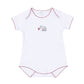 White short-sleeve baby bodysuit with deep crimson scalloped trim and embroidered elephant holding a pom detail.