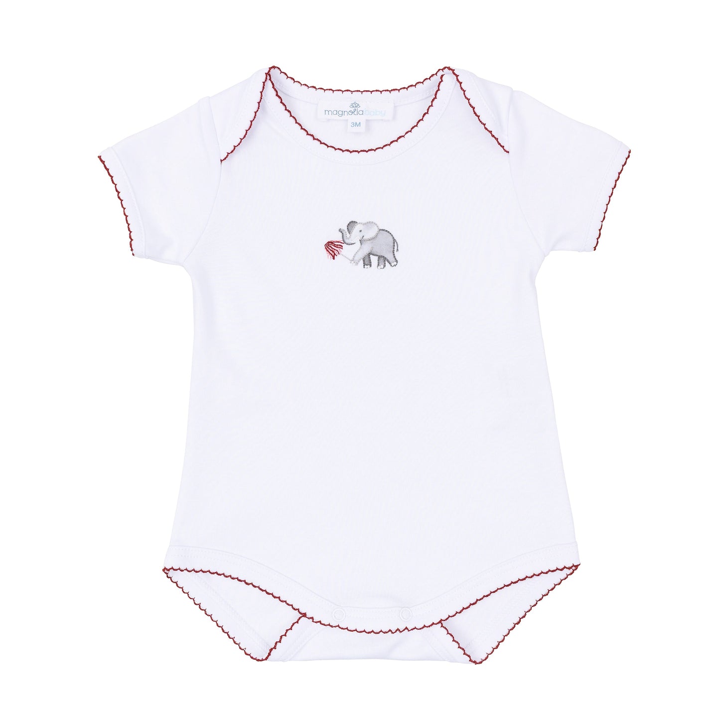 White short-sleeve baby bodysuit with deep crimson scalloped trim and embroidered elephant holding a pom detail.