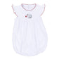 White baby bubble romper with deep crimson scalloped trim, flutter sleeves, gathered silhouette, and embroidered elephant holding a pom detail.
