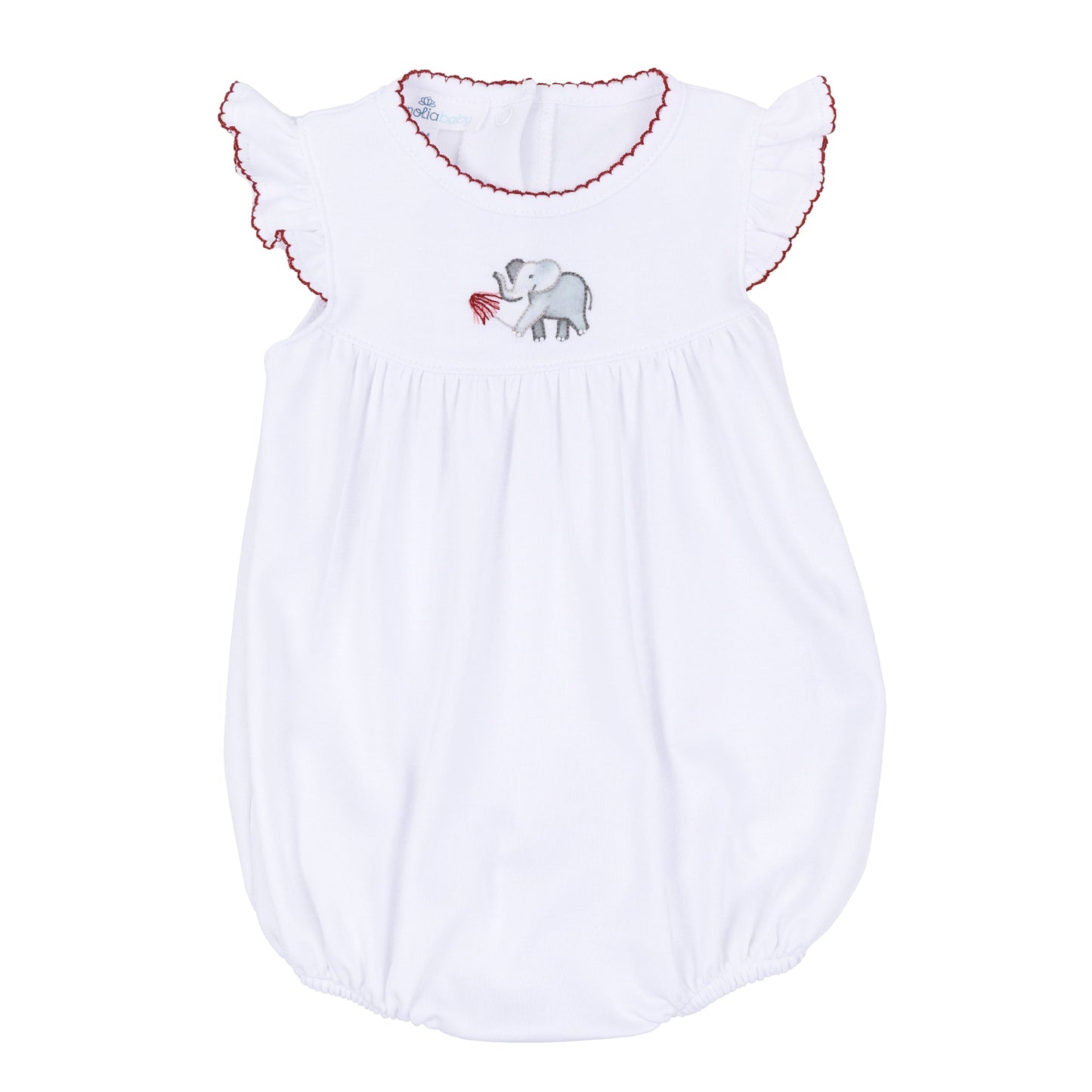 White baby bubble romper with deep crimson scalloped trim, flutter sleeves, gathered silhouette, and embroidered elephant holding a pom detail.