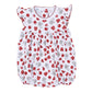 Printed baby bubble romper with crimson and gray football print, elephants, helmets, jerseys, foam fingers, poms, flutter sleeves, and crimson scalloped trim.