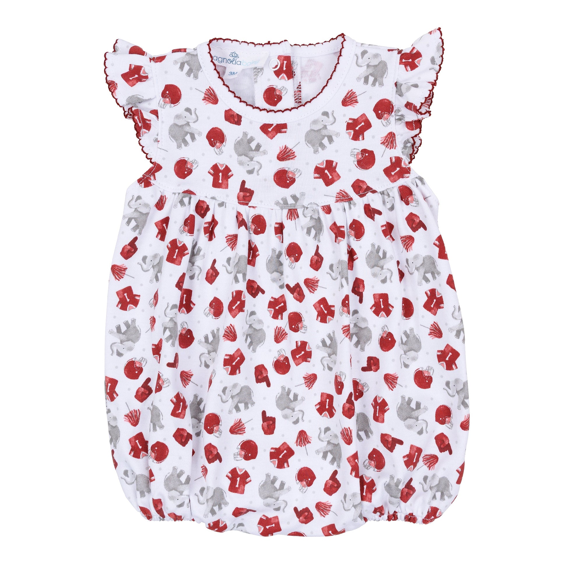 Printed baby bubble romper with crimson and gray football print, elephants, helmets, jerseys, foam fingers, poms, flutter sleeves, and crimson scalloped trim.