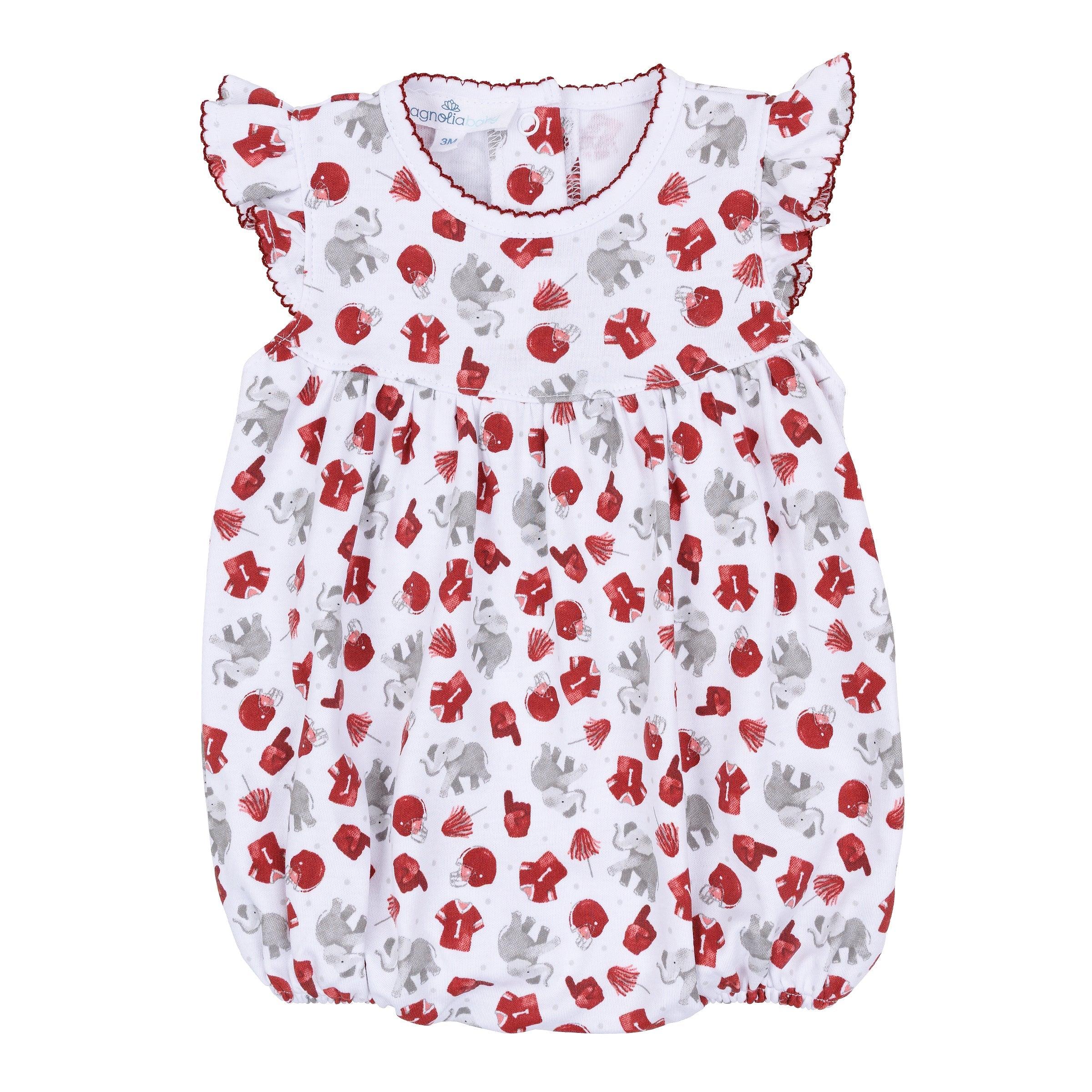 Printed baby bubble romper with crimson and gray football print, elephants, helmets, jerseys, foam fingers, poms, flutter sleeves, and crimson scalloped trim.