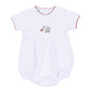 White short sleeve baby bubble with deep crimson trim and embroidered gray elephant holding a crimson pom.
