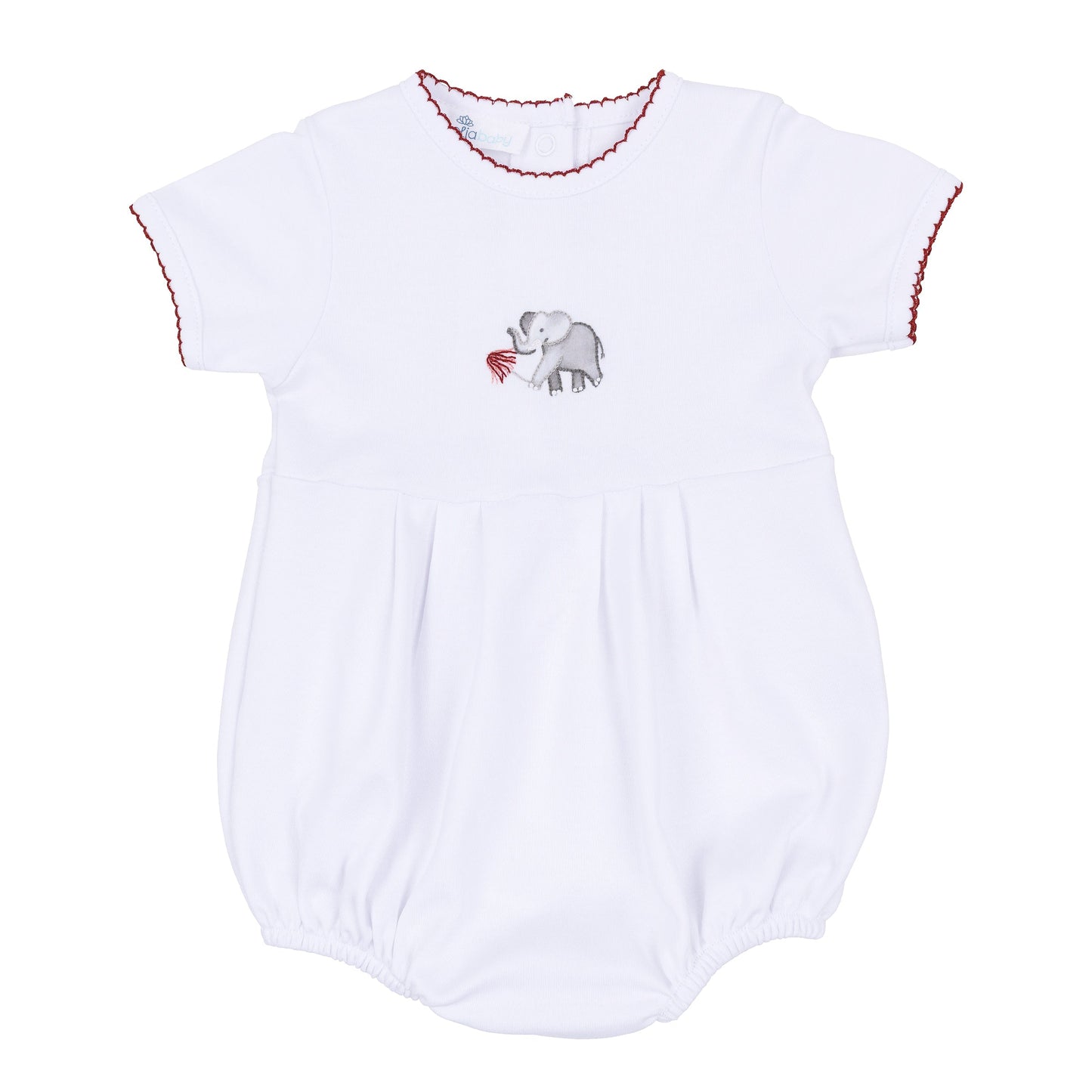 White short sleeve baby bubble with deep crimson trim and embroidered gray elephant holding a crimson pom.