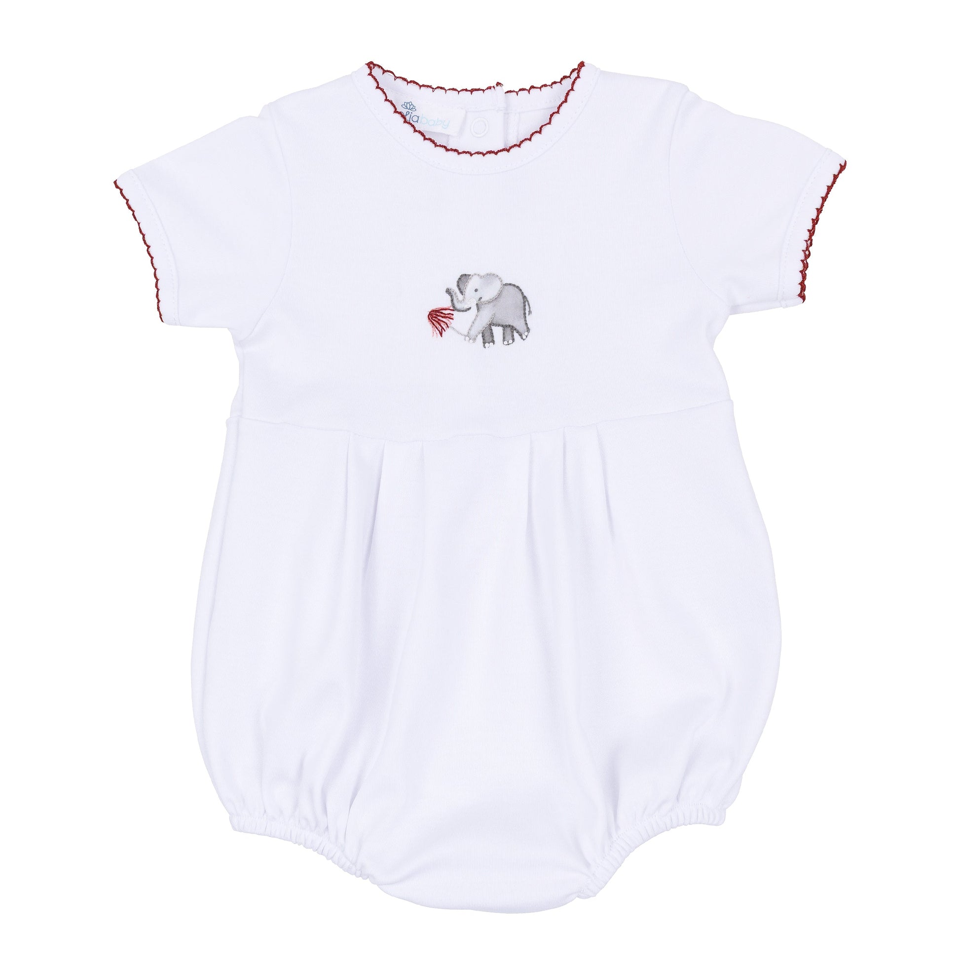 White short sleeve baby bubble with deep crimson trim and embroidered gray elephant holding a crimson pom.
