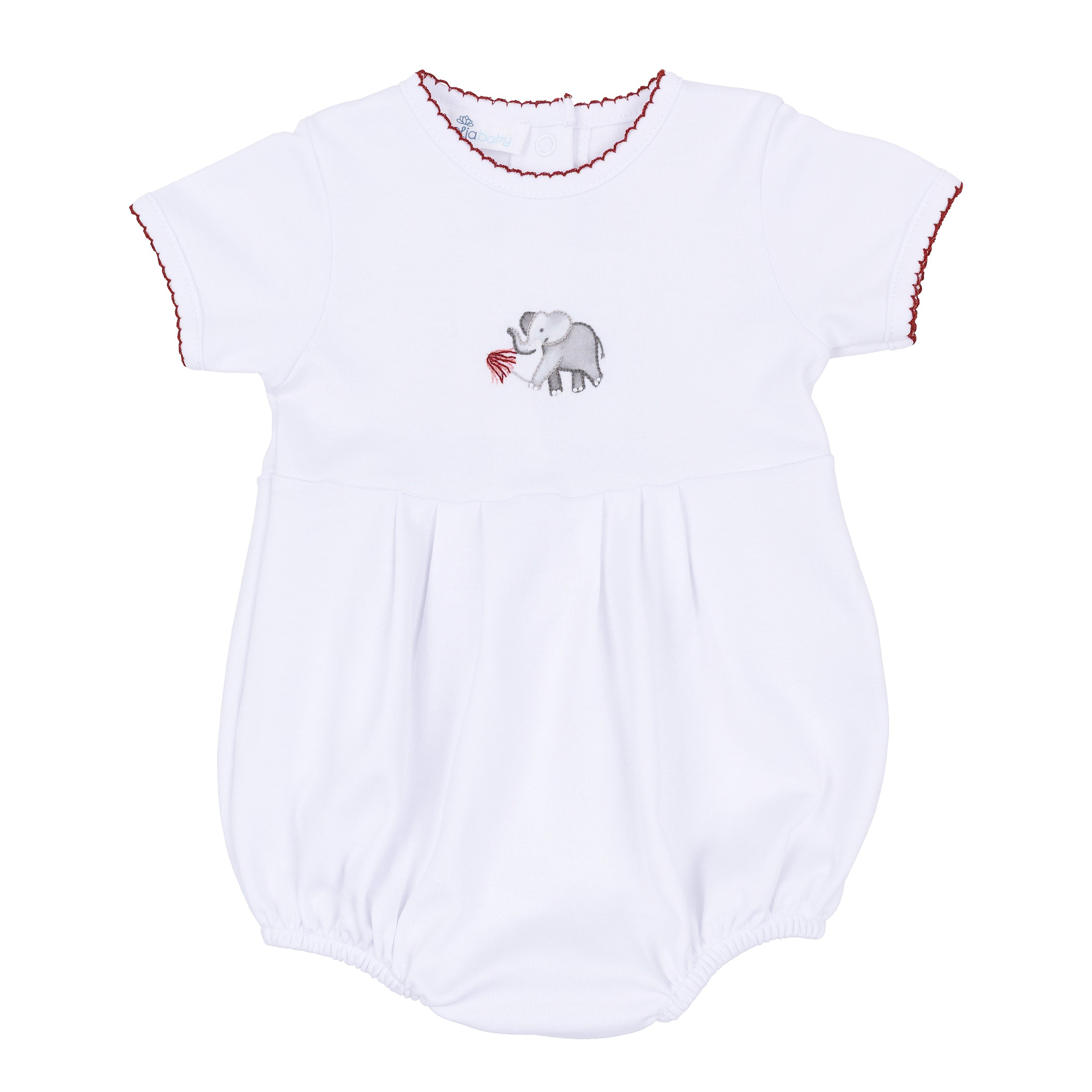White short sleeve baby bubble with deep crimson trim and embroidered gray elephant holding a crimson pom.