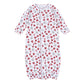 White long-sleeve baby converter gown with crimson and gray football print, elephants, helmets, jerseys, foam fingers, poms, front opening, and gathered bottom.