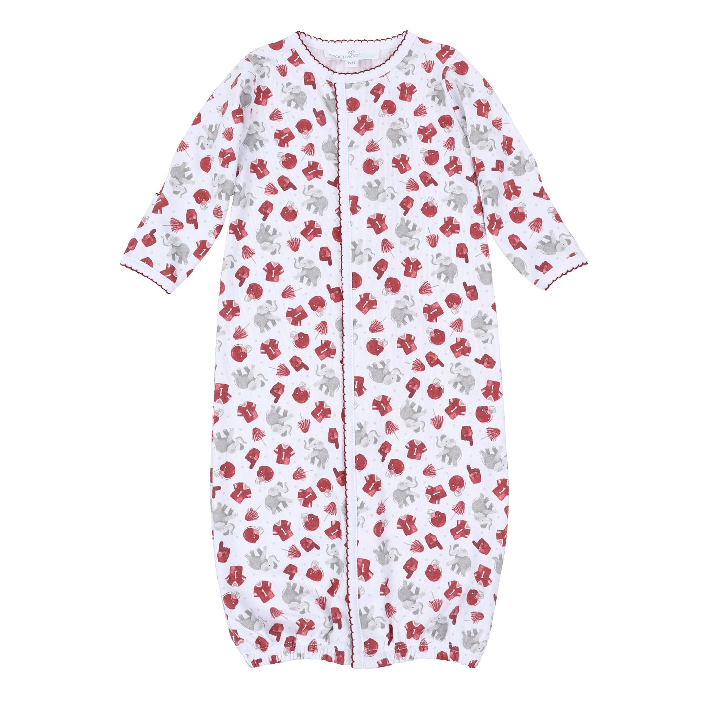 White long-sleeve baby converter gown with crimson and gray football print, elephants, helmets, jerseys, foam fingers, poms, front opening, and gathered bottom.