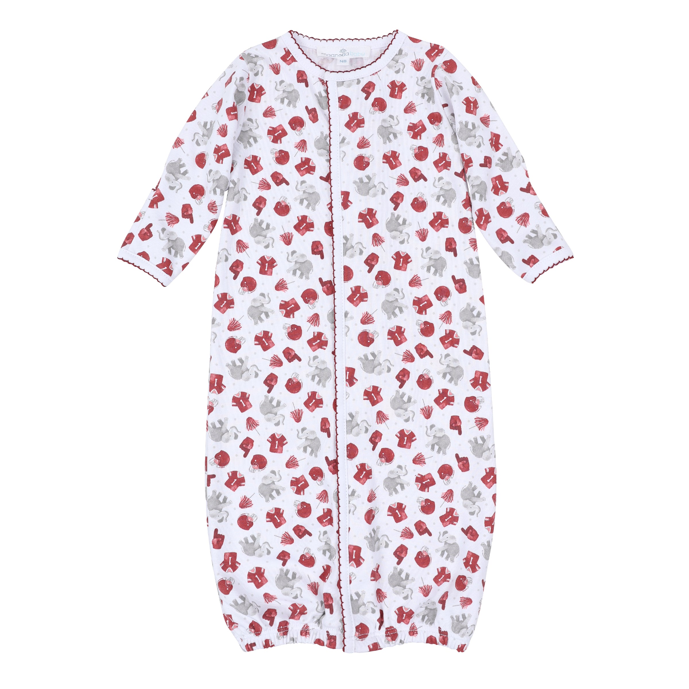 White long-sleeve baby converter gown with crimson and gray football print, elephants, helmets, jerseys, foam fingers, poms, front opening, and gathered bottom.