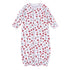 White long-sleeve baby converter gown with crimson and gray football print, elephants, helmets, jerseys, foam fingers, poms, front opening, and gathered bottom.