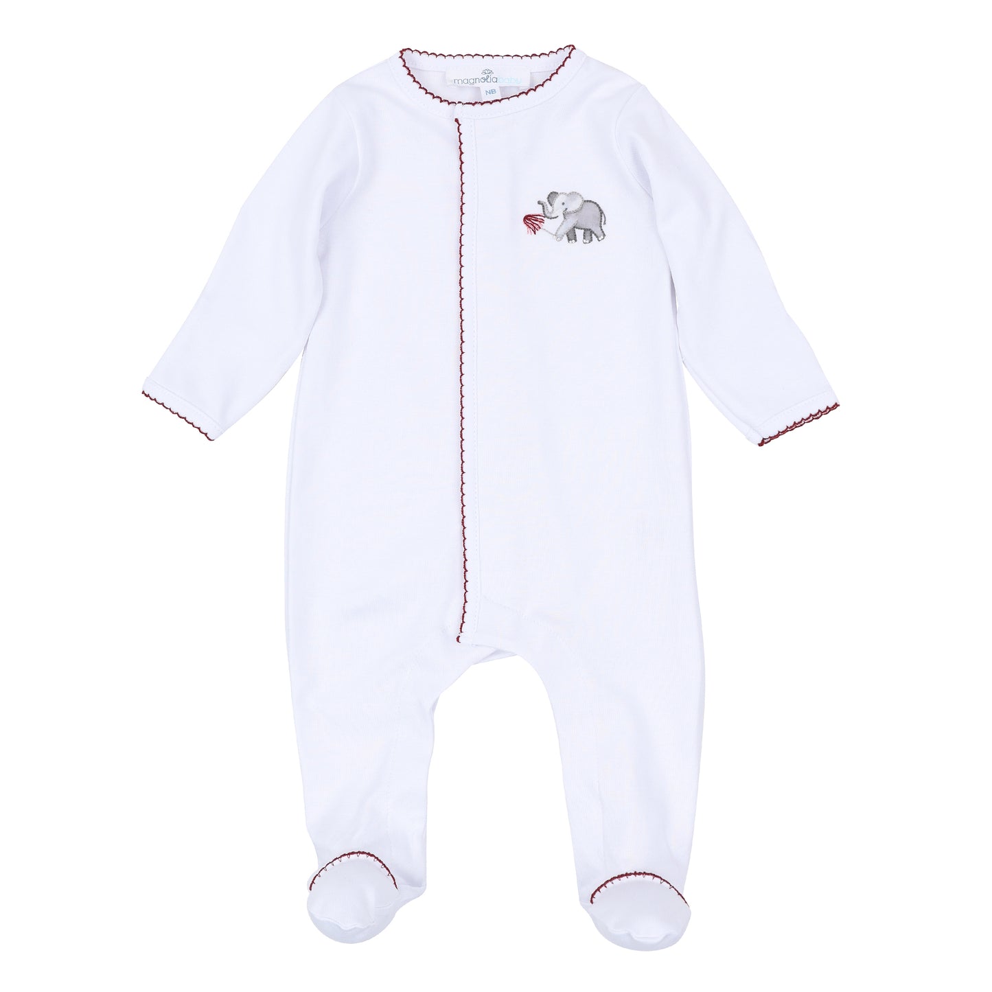 White long-sleeve baby footie with deep crimson scalloped trim, covered feet, front opening, and embroidered elephant holding a pom detail.