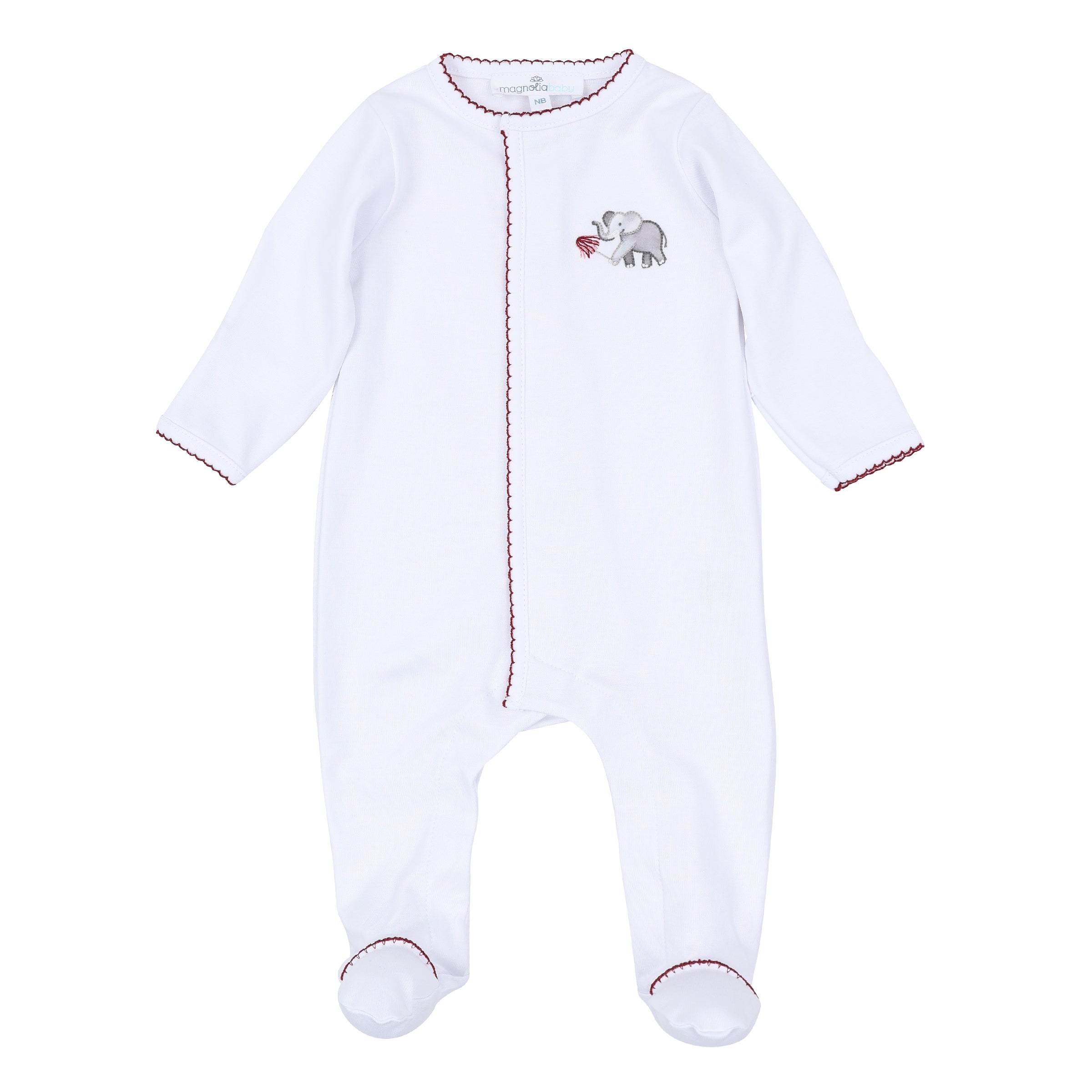 White long-sleeve baby footie with deep crimson scalloped trim, covered feet, front opening, and embroidered elephant holding a pom detail.