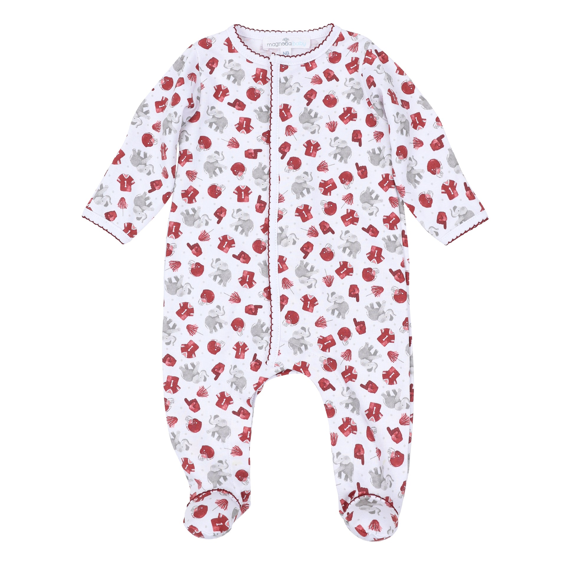 White long-sleeve baby footie with crimson and gray football print, elephants, helmets, jerseys, foam fingers, poms, covered feet, and crimson scalloped trim.