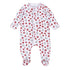 White long-sleeve baby footie with crimson and gray football print, elephants, helmets, jerseys, foam fingers, poms, covered feet, and crimson scalloped trim.