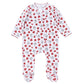 White printed zipper footie with crimson and gray football print, elephants, helmets, jerseys, foam fingers, poms, covered feet, and crimson scalloped trim.