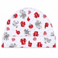 White printed baby hat with crimson and gray football print, elephants, helmets, jerseys, foam fingers, poms, and folded brim.