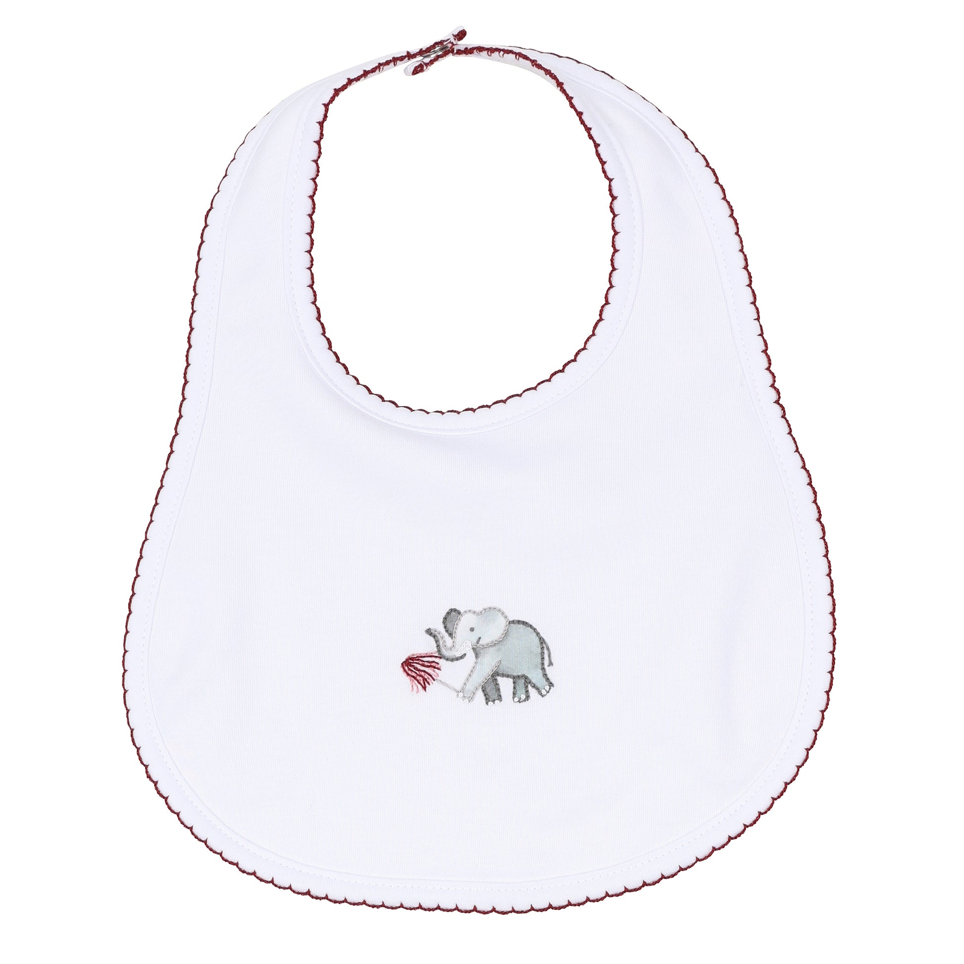 White baby bib with deep crimson scalloped trim and embroidered elephant holding a pom detail.