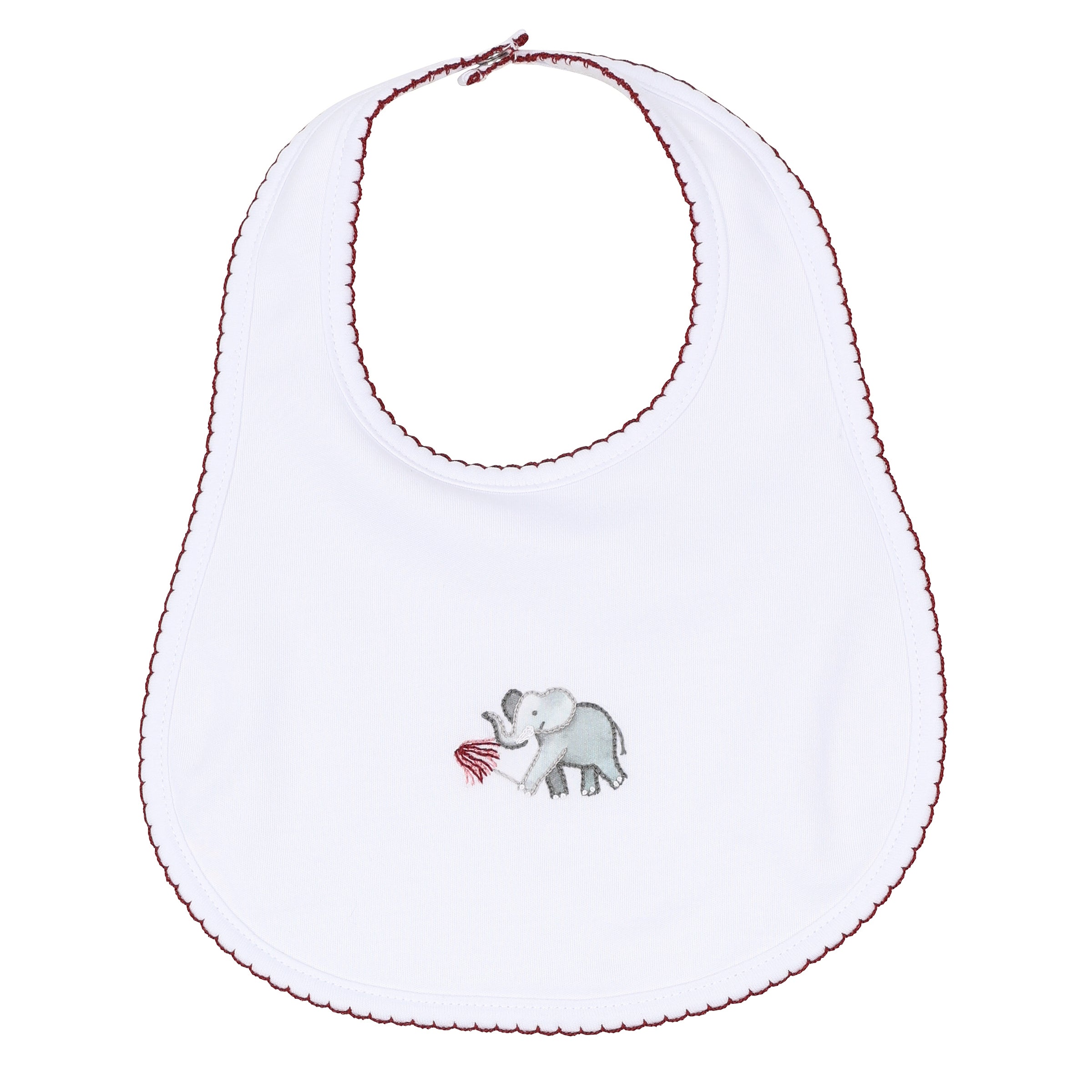 White baby bib with deep crimson scalloped trim and embroidered elephant holding a pom detail.