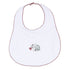 White baby bib with deep crimson scalloped trim and embroidered elephant holding a pom detail.