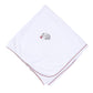 White baby blanket with deep crimson scalloped trim and embroidered gray elephant holding a crimson pom.