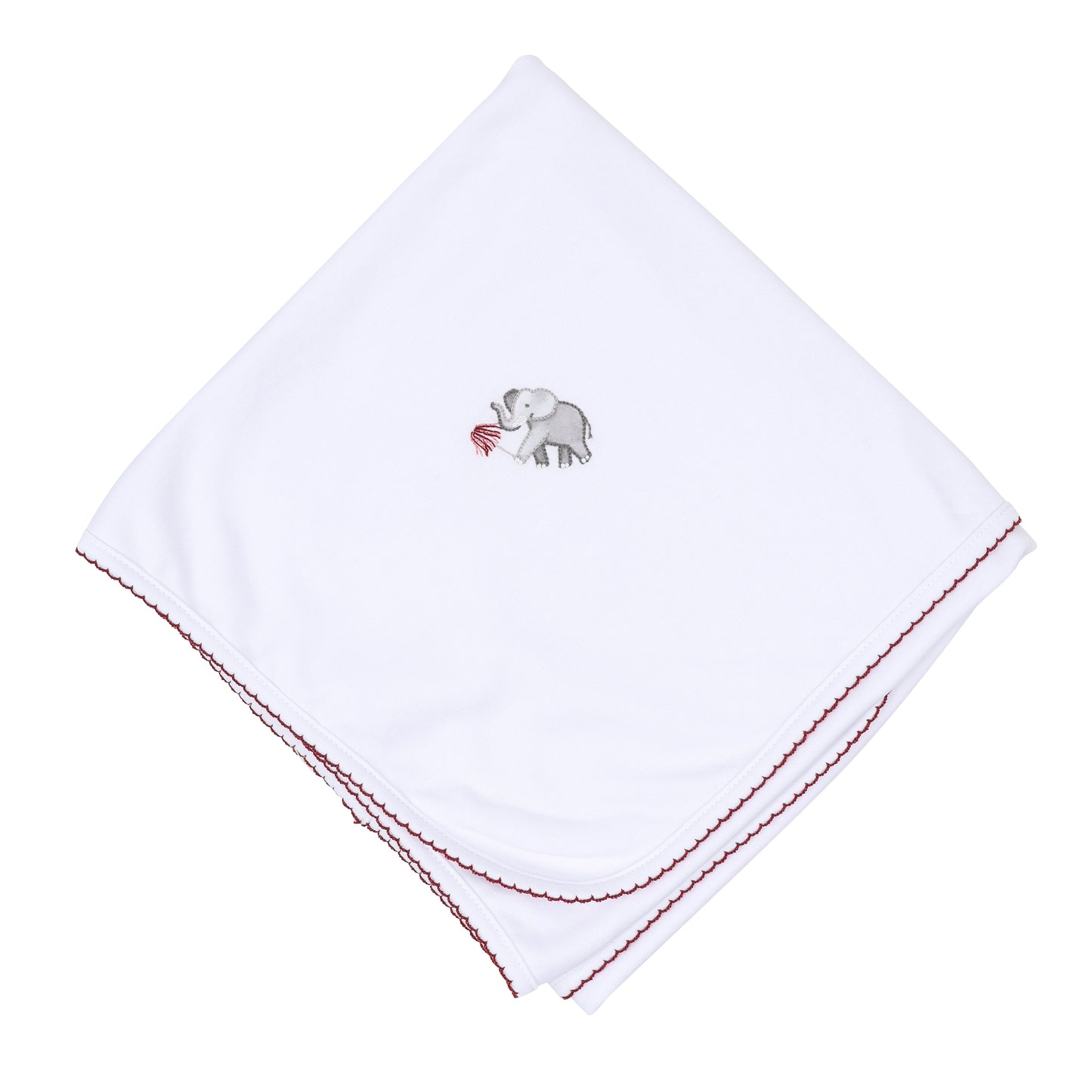 White baby blanket with deep crimson scalloped trim and embroidered gray elephant holding a crimson pom.